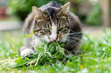 Beautiful tabby cat eats green grass close-up on a blurred background
