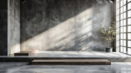 Studio with Grey Concrete Wall and Rough Floor for Product Display and Text Presentation