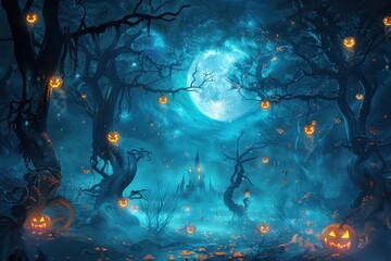 Mystical Halloween Night with Full Moon and Jack-o'-Lanterns