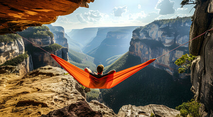 A rock climber rests in an orange hammock, above a cliff.