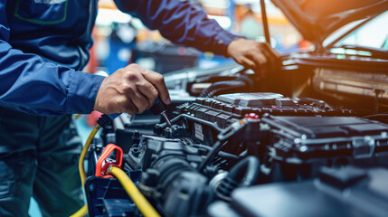 Obraz premium An auto mechanic working on the battery of an electric car, with focus and depth blur effect