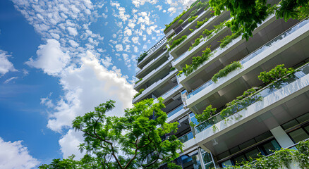 Biomimetic Architecture. Multistory building with trees and bushes on balconies. Eco house.