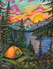 Kids having fun camping and coloring pictures.

