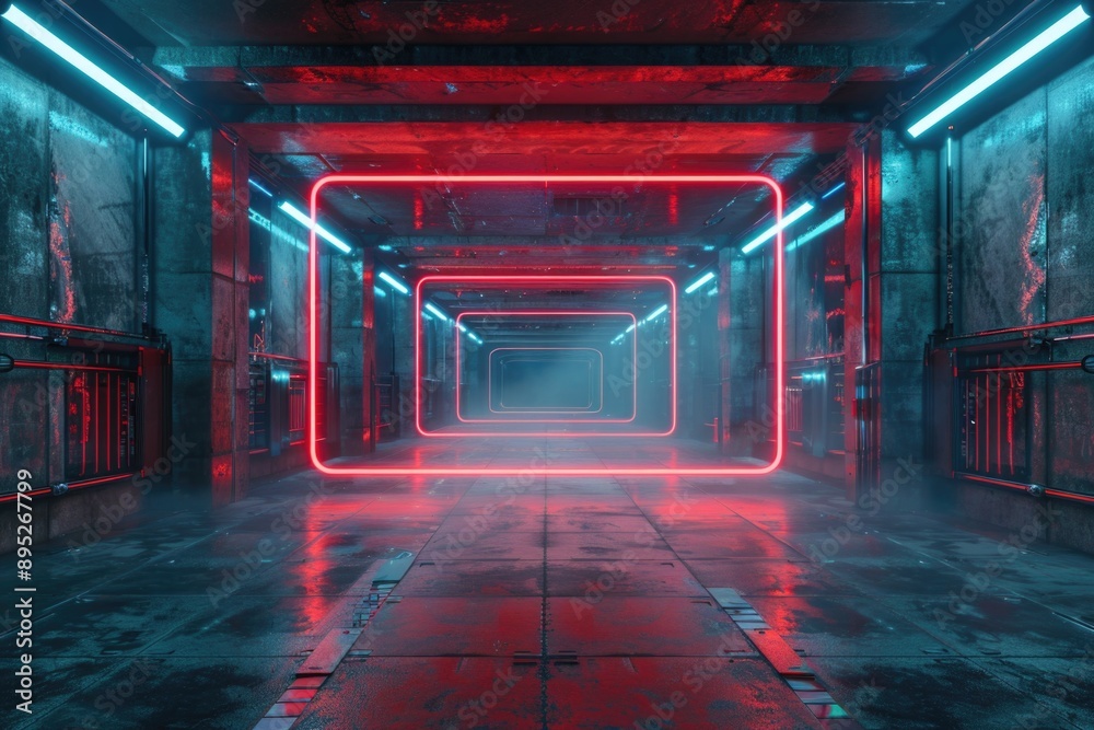 Poster a dimly lit room with a single red neon light providing the only illumination