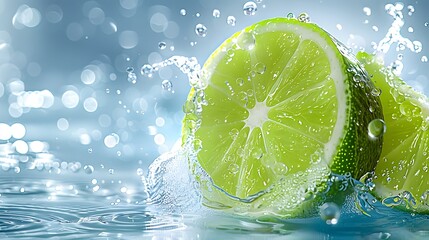 Fresh Lime Splashing in Water with Bubbles