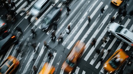 A bustling city intersection with numerous pedestrians crossing, coupled with moving cars, capturing the dynamic and fast-paced nature of urban life.