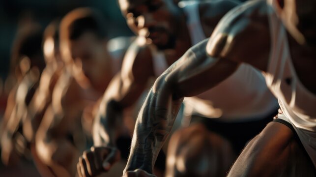 Close-up of track runners with muscles tense as they are ready to start a race, capturing the intensity, focus, and physical effort required in competitive sports.