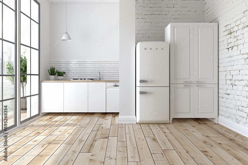 Wall mural kitchen interior with white and wooden walls, wooden floor and white cupboards.