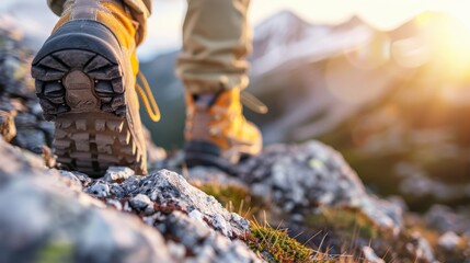 Naklejka premium Hiker wearing sturdy boots traverses rocky mountain trail at sunrise, showcasing the determination and adventure embodied in an outdoor exploration journey.