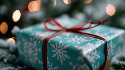A festive Christmas gift wrapped in teal paper with white snowflake patterns sits beneath a decorated tree, evoking joy, anticipation, and the holiday spirit.