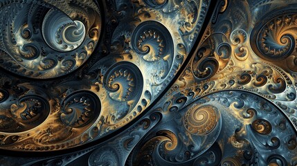 Abstract fractal pattern in gold and blue creating an intricate design, perfect for use as a background