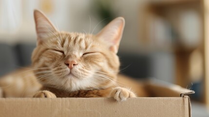 An adorable orange tabby cat is enjoying a peaceful nap with eyes closed, comfortably nestled inside a cardboard box in a cozy indoor setting.