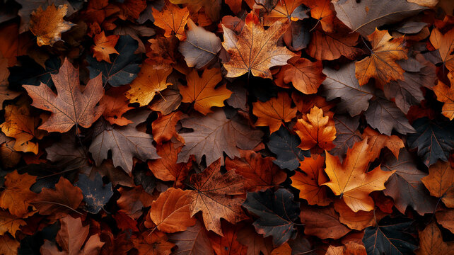 Fototapeta Brown and orange fallen autumn maple leaves lie on ground background