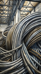 A close-up of thick cables bundled together in an industrial warehouse