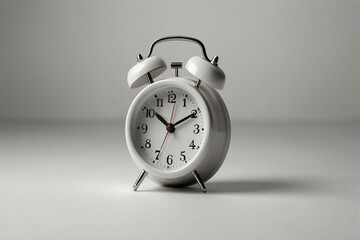 Photo of a white retro alarm clock on a minimalist white background, giving a simple and elegant impression. Suitable for time illustrations, time management and minimalist concepts.