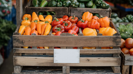 Freshly picked bell peppers displayed in wooden crates with mock up at a farmers market stall, vibrant vegetables ready for purchase, organic produce concept