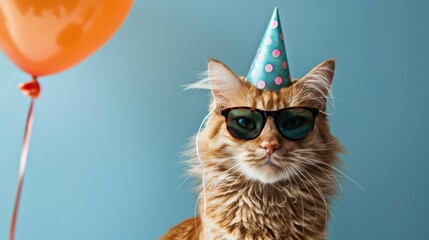 Fototapeta premium cat in party hat and sunglasses, happy anniversary concept, panoramic layout.