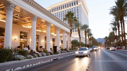 The image depicts a luxurious hotel with white columns, beautiful lighting, and a bustling city street in the evening, capturing the essence of sophistication and urban life.