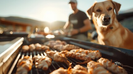 A person cooks meat on the grill while a dog eagerly watches, with a scenic background featuring a house and mountains, and other people enjoying the event.