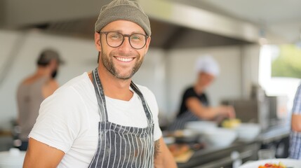A cheerful chef wearing glasses and an apron, smiling warmly in the kitchen. This image captures his passion for cooking, highlighted by the bustling, friendly kitchen environment.