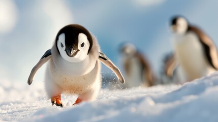 Obraz premium A baby penguin energetically moves forward on a snow-covered surface, captured in mid-step, with a beautiful backdrop of other penguins, showcasing youthful exuberance in the wild.