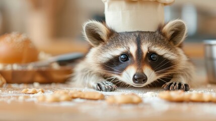 An adorable raccoon with a chef hat is pictured in a cozy kitchen environment, surrounded by dough and baking tools, creating a warm, endearing, and whimsical scene.