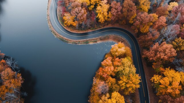 Aerial view of a winding road cutting through a vibrant autumn forest near a tranquil lake, showcasing the stunning seasonal foliage and the serene water reflections.