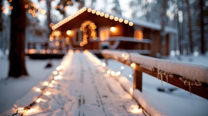 A charming wooden cabin adorned with glowing lights, nestled amidst the snowy landscape, highlighting a serene and picturesque winter retreat.