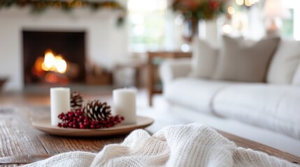 A bright and warm living room decorated with festive ornaments and a fireplace, creating a cheerful and inviting environment for holiday gatherings and relaxation.