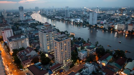 Fototapeta premium An evening aerial shot of a city with brightly lit buildings around a river, capturing the blend of urban development and natural water elements as night falls.