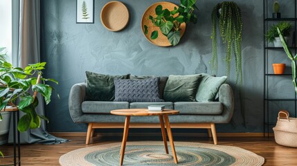 Stylish Danish-inspired living room with sofa and coffee table in updated apartment