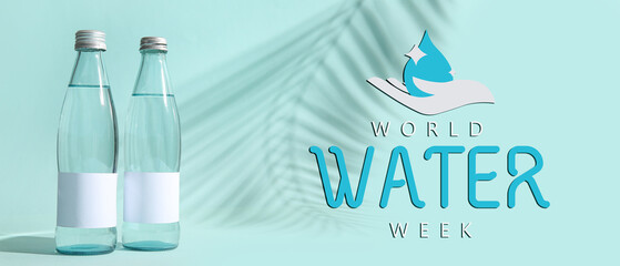 Glass bottles of clean water on color background