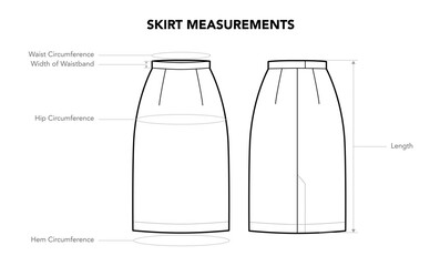 Set of Skirt Measurements diagram with text - length, Circumference styles technical fashion illustration. Flat apparel template front, back view. Women, men unisex CAD mockup isolated on white