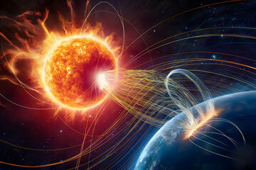 Obraz premium Stunning Illustration of a Geomagnetic Storm: Solar Flare and Magnetic Field Interaction with Earth in Space