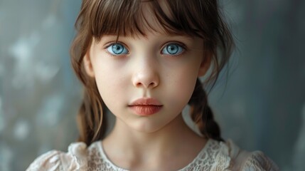 A young girl with bright blue eyes gazes directly into the camera