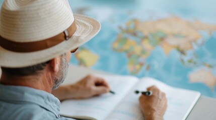 A traveler dressed in a hat is planning a trip on a large world map spread out on a table, making notes in a notebook, suggesting anticipation and preparation.