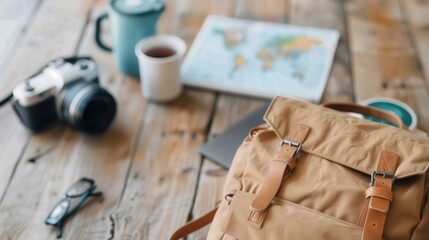 A set of travel essentials on a wooden table featuring a camera, a map, a coffee cup, glasses, and a backpack, indicating readiness for an exploration journey.