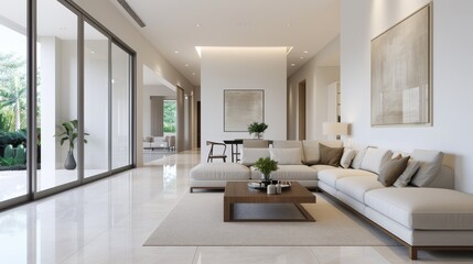 A luxurious and spacious living room with elegant furniture, large windows, minimalistic artistic decor, and a serene ambiance enhanced by natural lighting and sleek finishes.