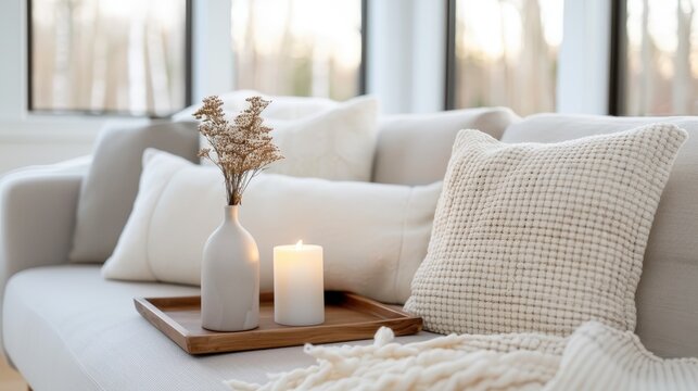 A cozy nook on a comfortable couch adorned with soft pillows and decorative elements, featuring a lit candle and a small vase of dried flowers for a touch of warmth.