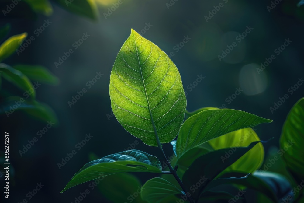 Poster close-up shot of a single green leaf on a tree branch