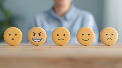 A lineup of five yellow emoji faces placed on a wooden surface, each displaying a different emotion, illustrating the spectrum of human emotions in a minimalist way.