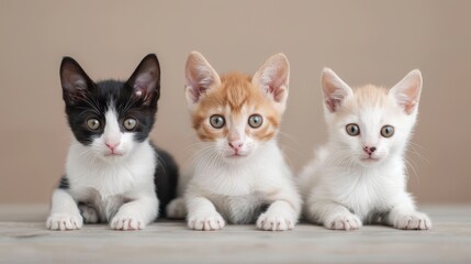 Fototapeta premium Three cute and attentive kittens are sitting side by side on a floor, with varying colors and patterns, creating a heartwarming and playful scene perfect for pet lovers.