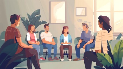 A compassionate scene of a support group meeting for survivors and families of victims of terrorism, with people sharing their stories and offering comfort to one another