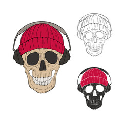 Skull in a Knitted Cap and headphones. Vector illustration