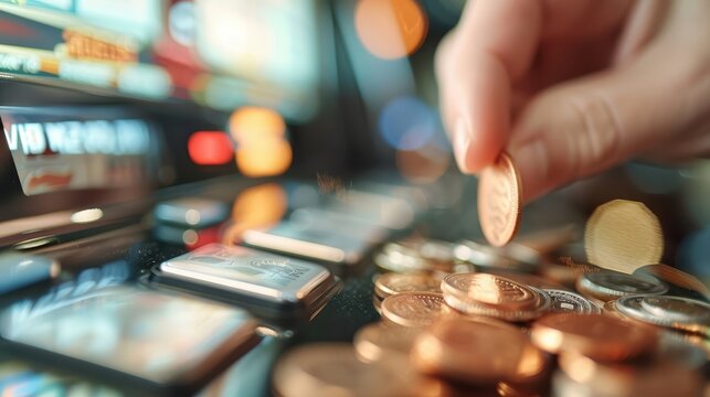 Close-up of a hand inserting a coin into a slot machine, surrounded by a pile of coins, representing the excitement and anticipation of gambling in a lively casino environment.