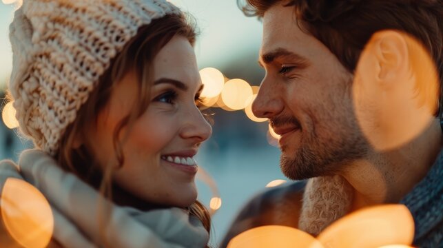 A loving couple cuddles closely as they enjoy the festive ambiance created by glowing lights in the background, highlighting a moment of happiness and love amidst the celebration.