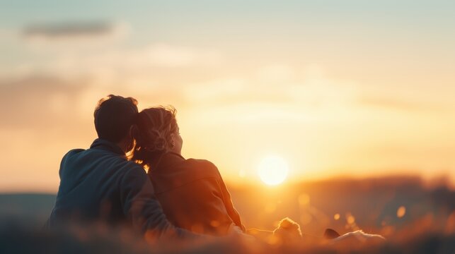 A couple sits together watching the beautiful sunset in an open field, capturing a peaceful and romantic moment in nature as the sun disappears over the horizon.