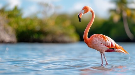 Fototapeta premium A flamingo standing gracefully in the water, its pink feathers reflecting the sunlight. This image captures the elegance and serenity of nature with a sunny backdrop.