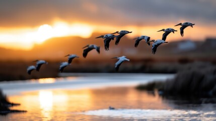 A stunning scene of birds in flight against the backdrop of a golden sunrise, their silhouettes reflected in the water below, creating a picturesque and serene morning view.