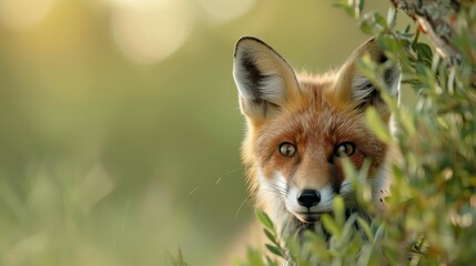 Fototapeta premium A curious fox peeks from behind the lush green plants outdoors, with the background bathed in warm sunlight, highlighting its inquisitive and cautious nature in its natural habitat.